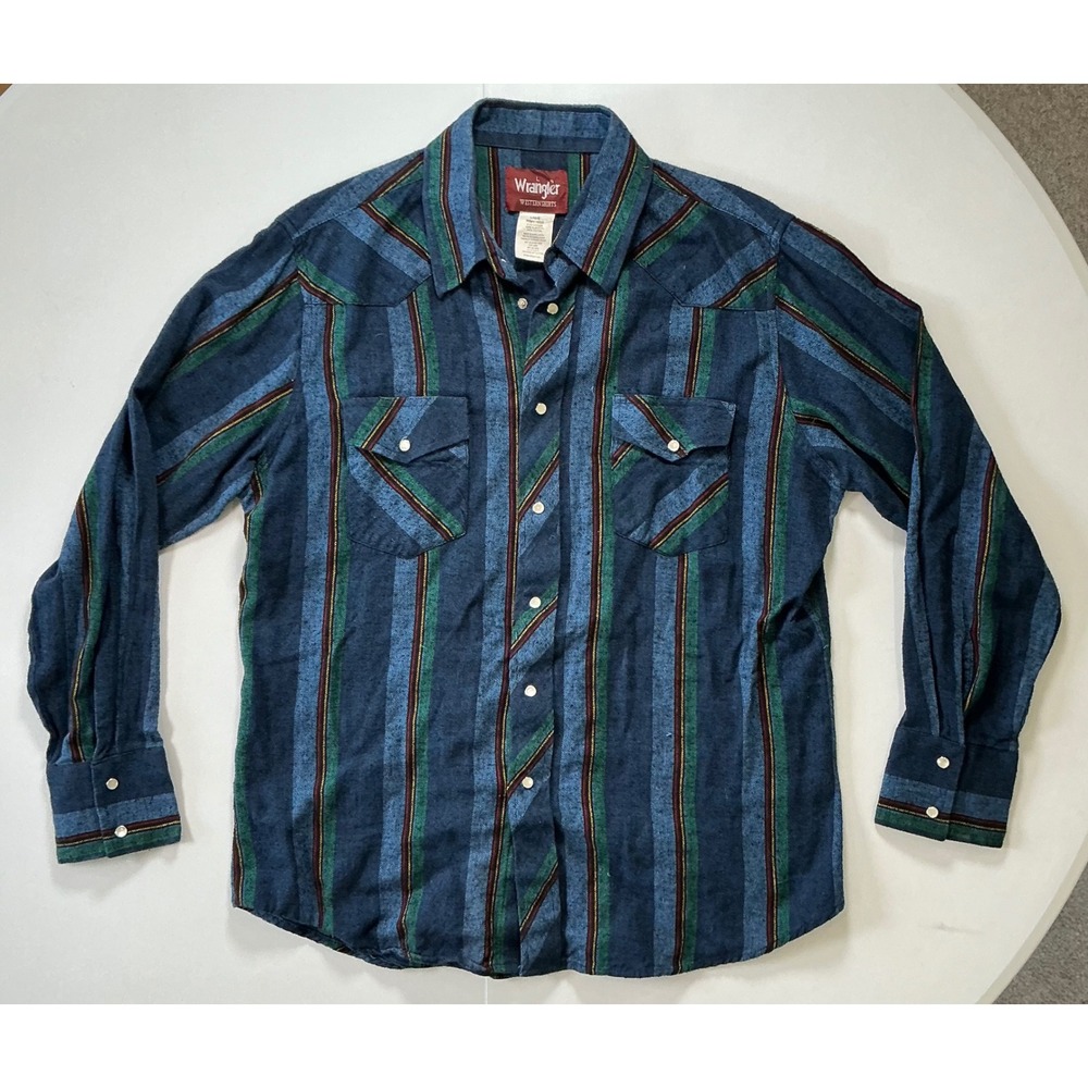 Wrangler Western Shirt Flannel Pearl Snap Aztec Southwestern Blue Stripe Shirt L